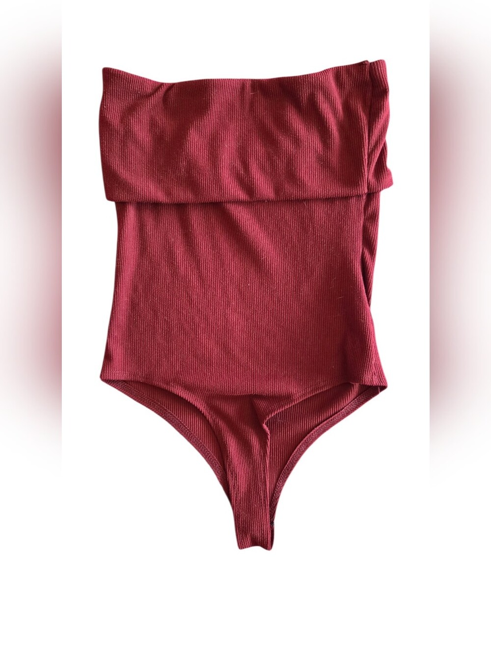 Ribbed Maroon Red Fold-Over Tube Top Bodysuit Small S